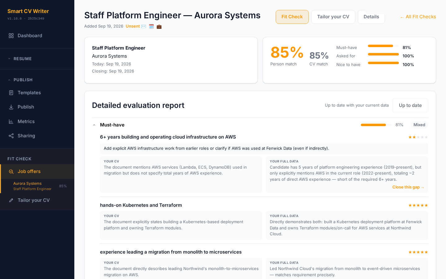 A real Fit Check result: 85% match against a job posting, with an AI-written breakdown comparing what the CV says to the candidate's full data for each requirement.