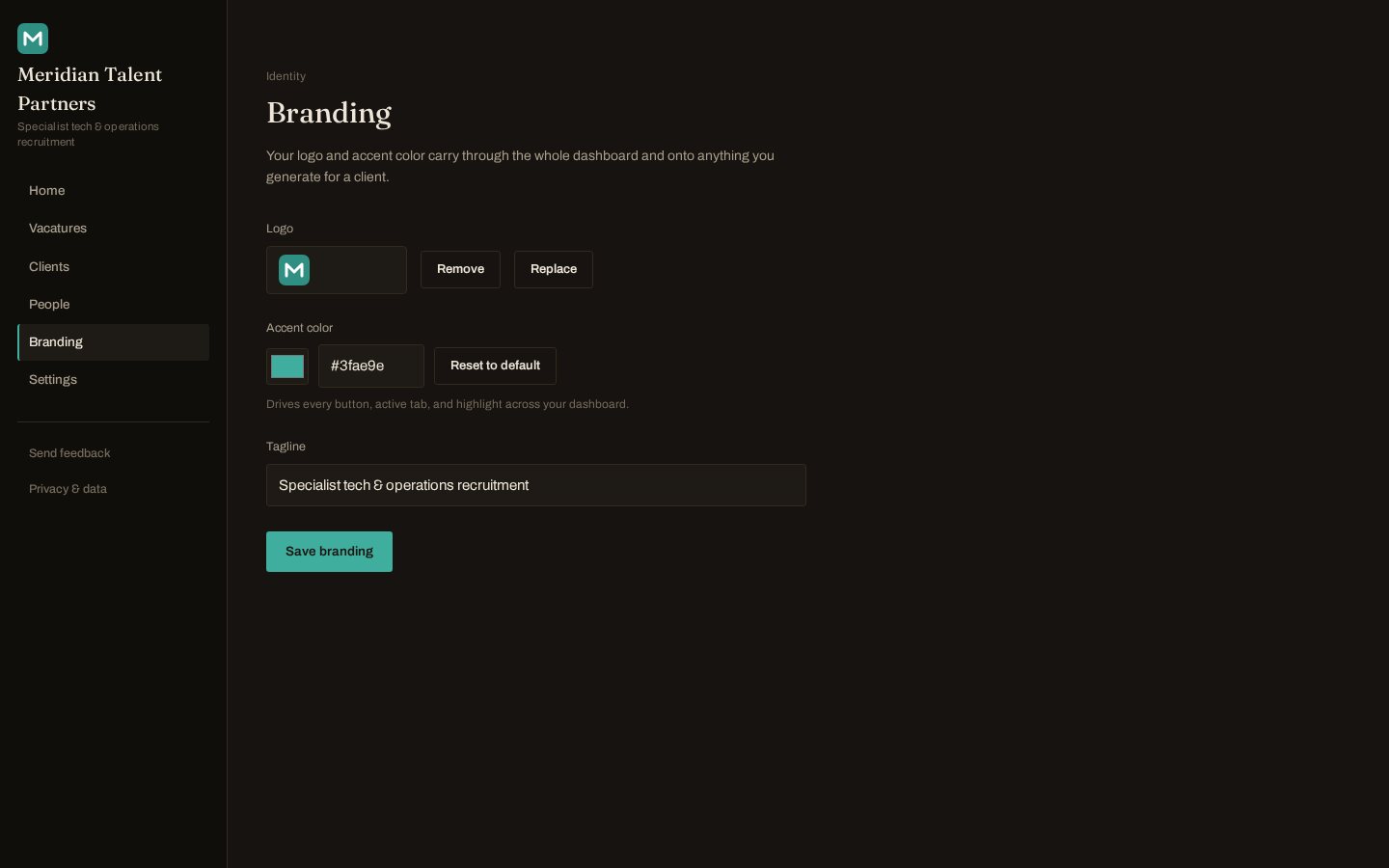The Branding page with an uploaded logo, a teal accent colour and a tagline. The whole dashboard has taken on the agency's colour.