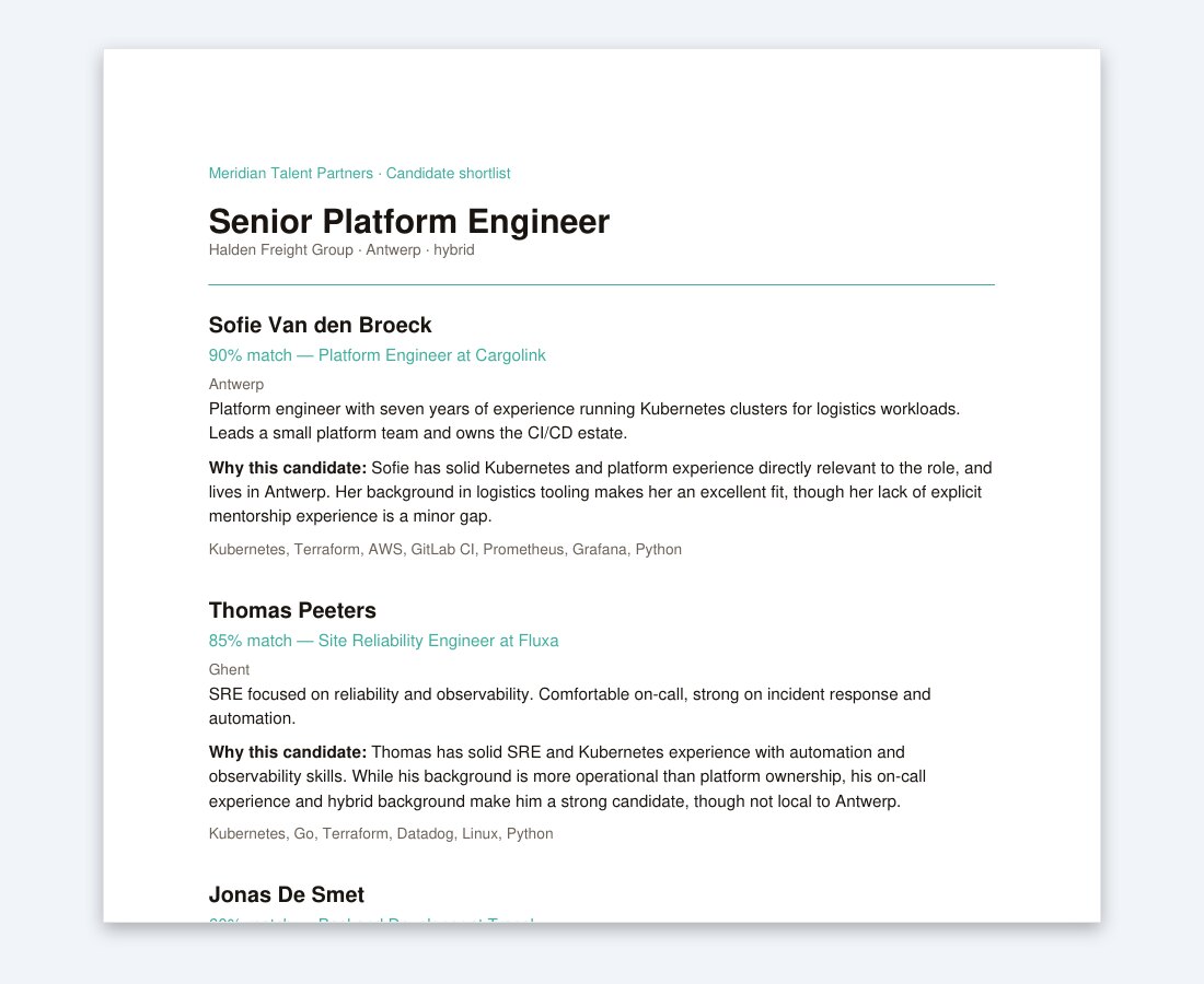 A generated candidate shortlist PDF headed with the agency's name, listing three candidates with their match percentage and why each fits.