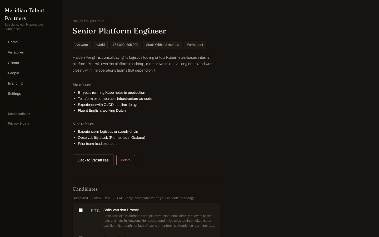 A vacature page: location, work mode, budget, start date and period as tags, followed by the must-have and nice-to-have requirements as clear lists.