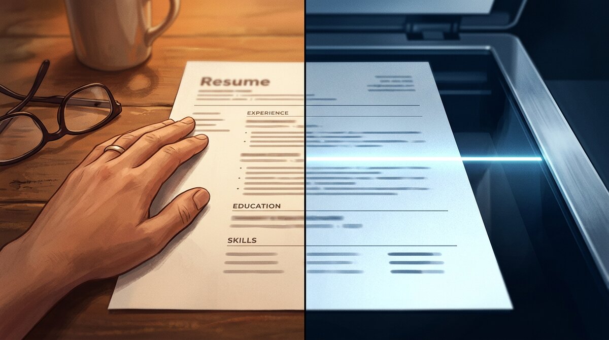 Split image: a resume held by a hand under warm desk light on the left, the same resume being scanned under cold blue light on the right.